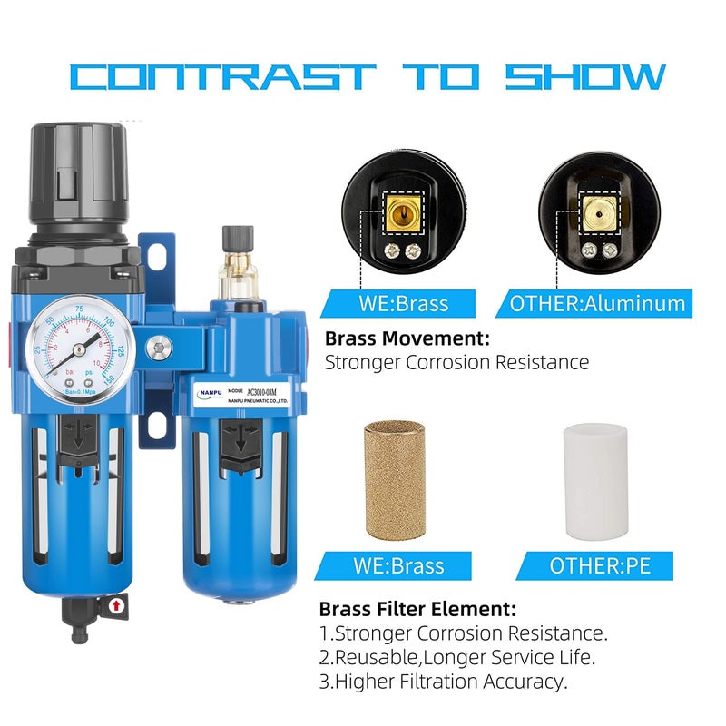 NANPU 3/8" NPT Compressed Air Filter Regulator Lubricator Combo, Water/Oil Trap Separator - Gauge(0-150 psi), Poly Bowl, Manual Drain, Bracket - AC3010-03M - Image 2